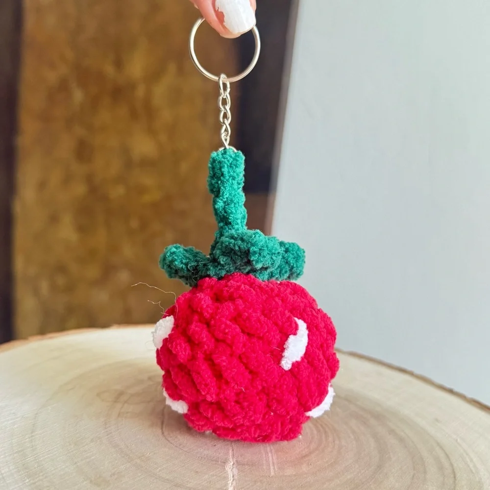 Handmade Strawberry Crochet Plushie Keychain – Soft Chenille Yarn Mini Bag Charm